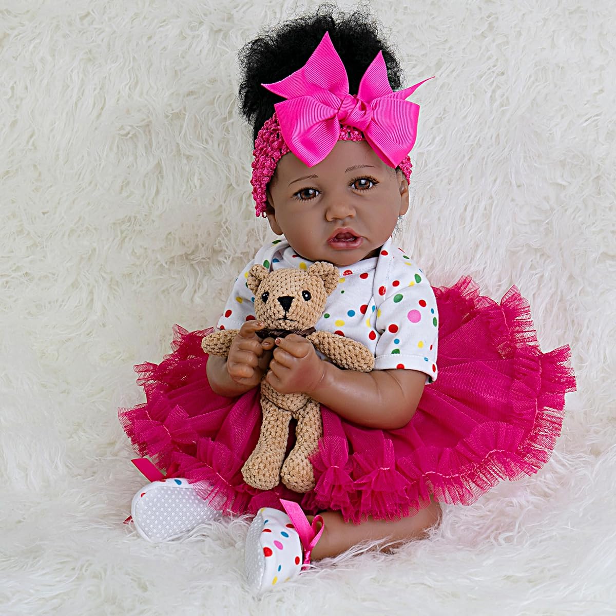 EKOKIZ Reborn Baby Doll Girls 20 Inch Soft Skin Realistic Baby Doll Cloth Body African American Realistic Girl Doll Newborn Doll Real Fake Baby Doll Best Toy For Ages 3+