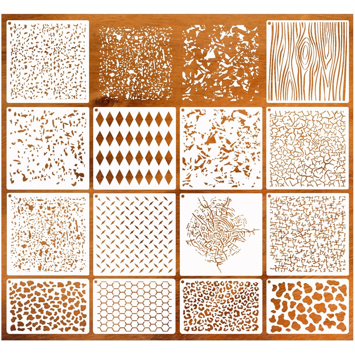 14 Pcs Texture Stencils for Painting Reusable Cow Print Diamond Wood Grain Spray Paint Stencils Firewood Art Craft Wall Mixed Crackle Marble Pattern Stencils for Fabric Canvas Shirts (14 Textures)