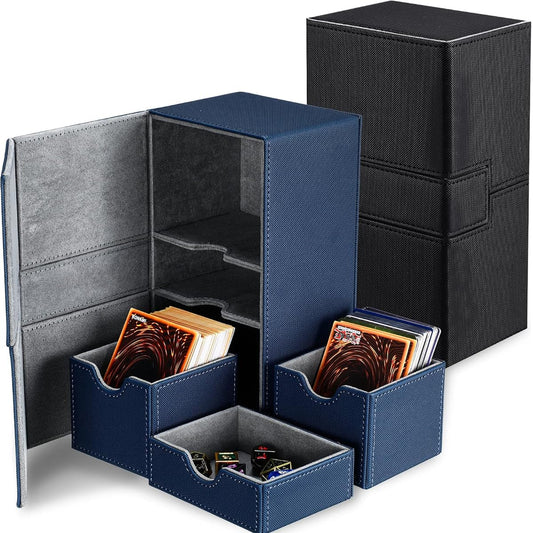 2 Box Double Deck Card Case MTG Card Compatible Leather Deck Card Case for 200+ Sleeved Cards Twin Flip Deck Case with 3 Trays for Trading Card Games Blue Black