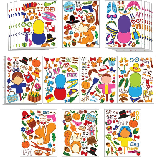 40 Thanksgiving Full Body Sticker Sheets with 10 Different Designs for Thanksgiving School Prizes Holiday Gifts Class Artwork