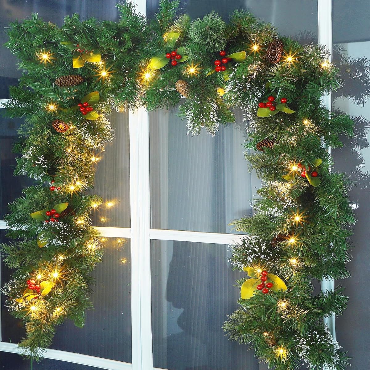 Juegoal 9ft Pre-Lighted Christmas Garland, Artificial Christmas Green Garland with 50 Warm White LED Lights, Battery Powered & Timer, for Indoor Outdoor, Holiday, New Year, Winter, Garden, Gate, Home