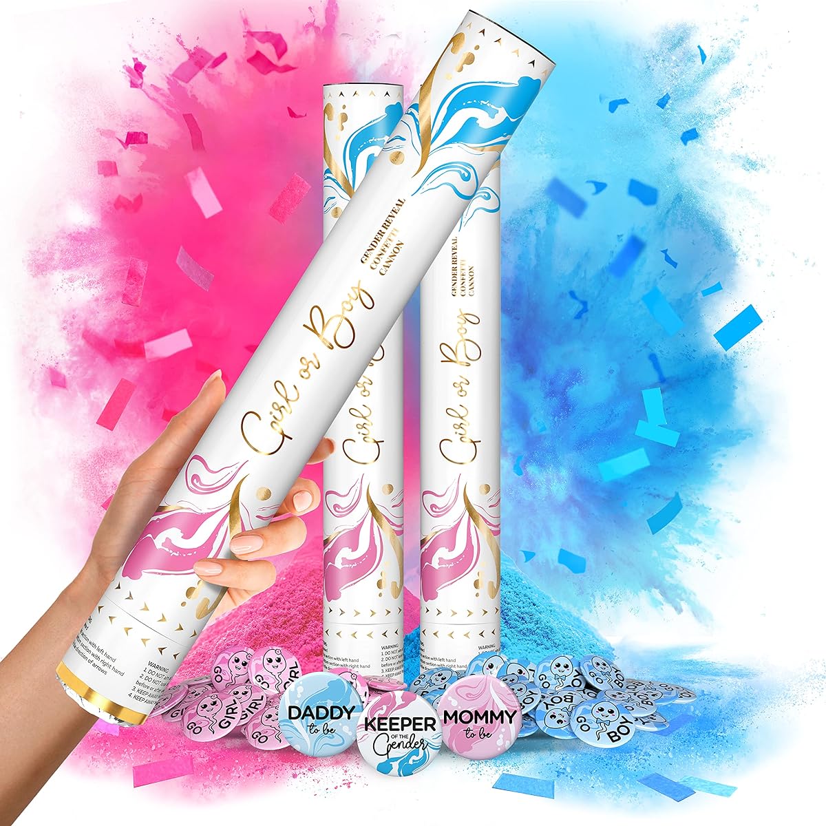 Gender Reveal Powder & Confetti Cannon & Game Party Supplies Set - 2 L (16") Customizable Blue or Pink Cannon|Popper|Confetti Shooter - Baby Gender Reveal Game for Guests - Girl, Boy, Mommy, Daddy, Gender Keeper Pin