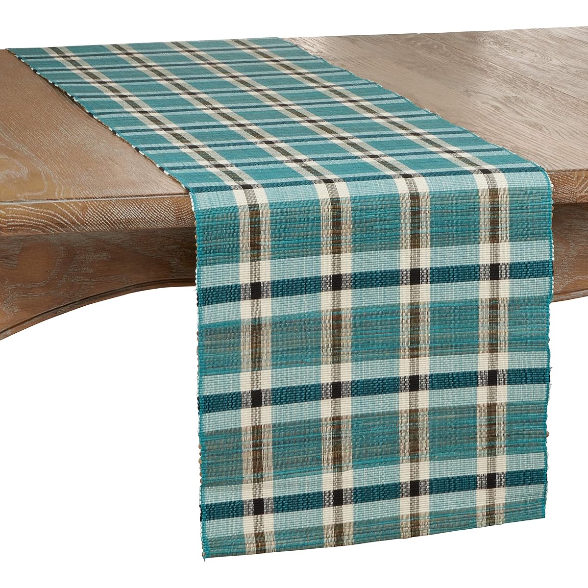 SARO LIFESTYLE Kalama Collection Plaid Water Hyacinth Table Runner, 14" x 72", Turquoise