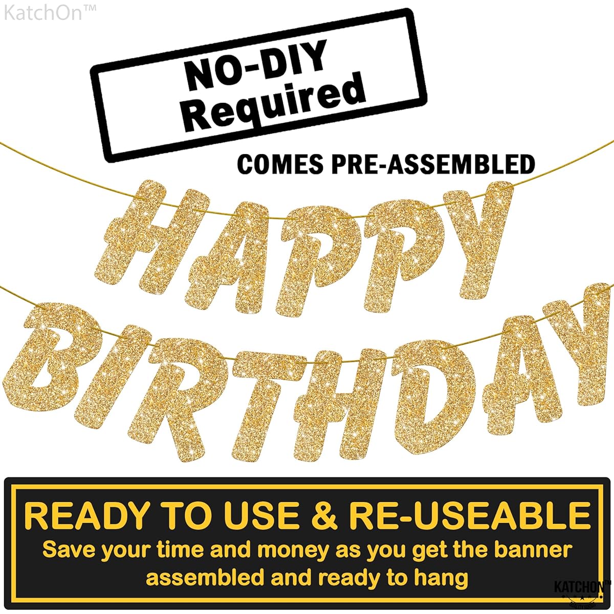 KatchOn Glitter Gold Happy Birthday Banner - 10ft Gold Happy Birthday Sign | Gold Birthday Banner for Girls | Happy Birthday Gold Banner Happy Birthday Decorations