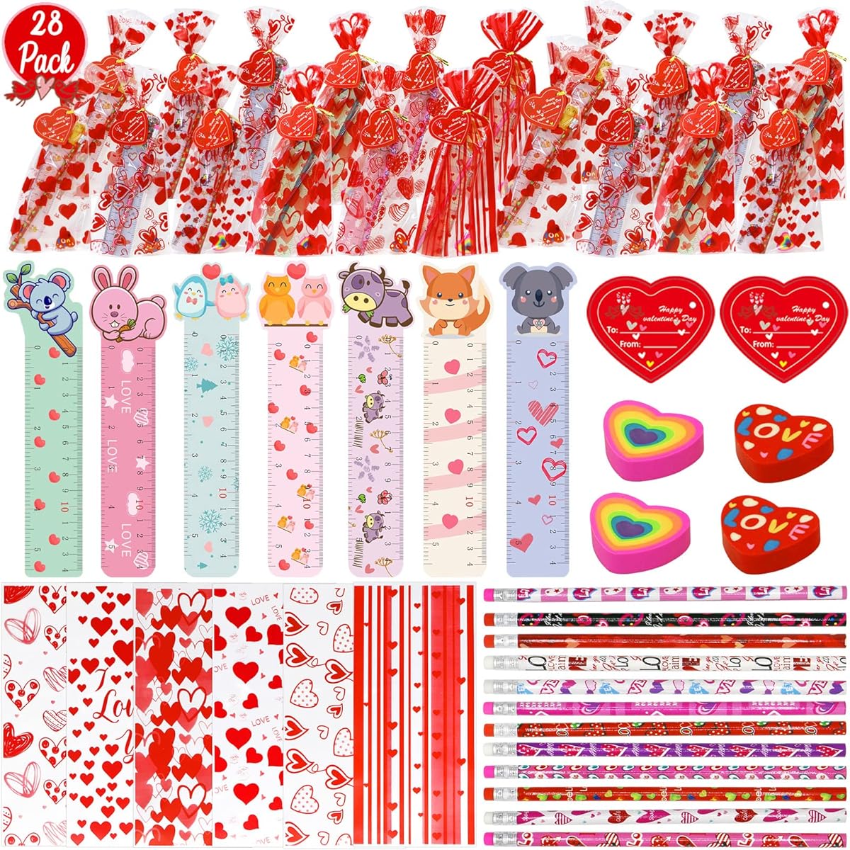 28 Pack Valentine's Day Gifts for Kids Valentine Stationery Set Valentine Pencil Ruler Eraser Card Treat Bag for Kids Valentine's Day School Favors Class Exchange Gifts Party Favors