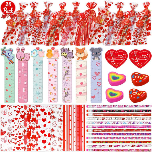 28 Pack Valentine's Day Gifts for Kids Valentine Stationery Set Valentine Pencil Ruler Eraser Card Treat Bag for Kids Valentine's Day School Favors Class Exchange Gifts Party Favors