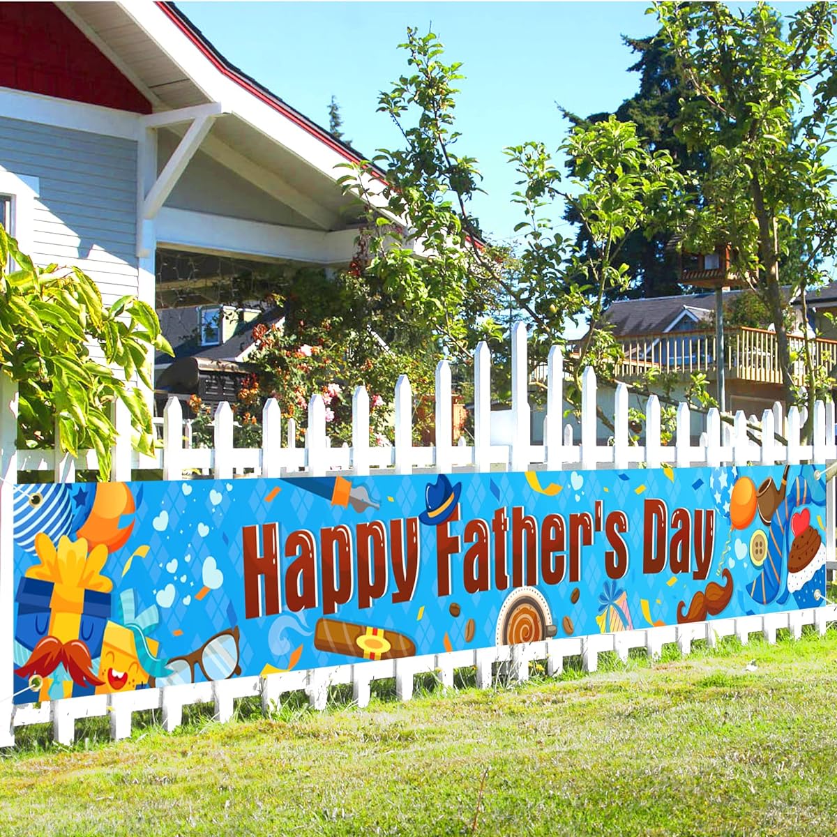 HOWAF Father's Day Yard Sign Banner,Large Happy Father's Day Banner for Father's Day Decorations,Blue Father's Day Background,Dad's Birthday Decorations,Father's Day Backdrop Banner,Outdoor Garden Family Party Supplies