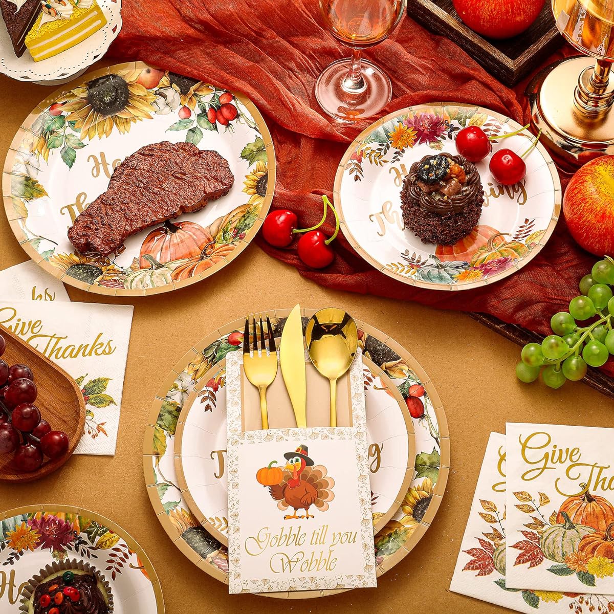 Thanksgiving Cutlery Holder Set Thanksgiving Napkins Table Decoration Set Thanksgiving Plate Thanksgiving Pumpkin Turkey Autumn Leaves Autumn Harvest Party Wedding Table Disposable Centerpiece Decoration