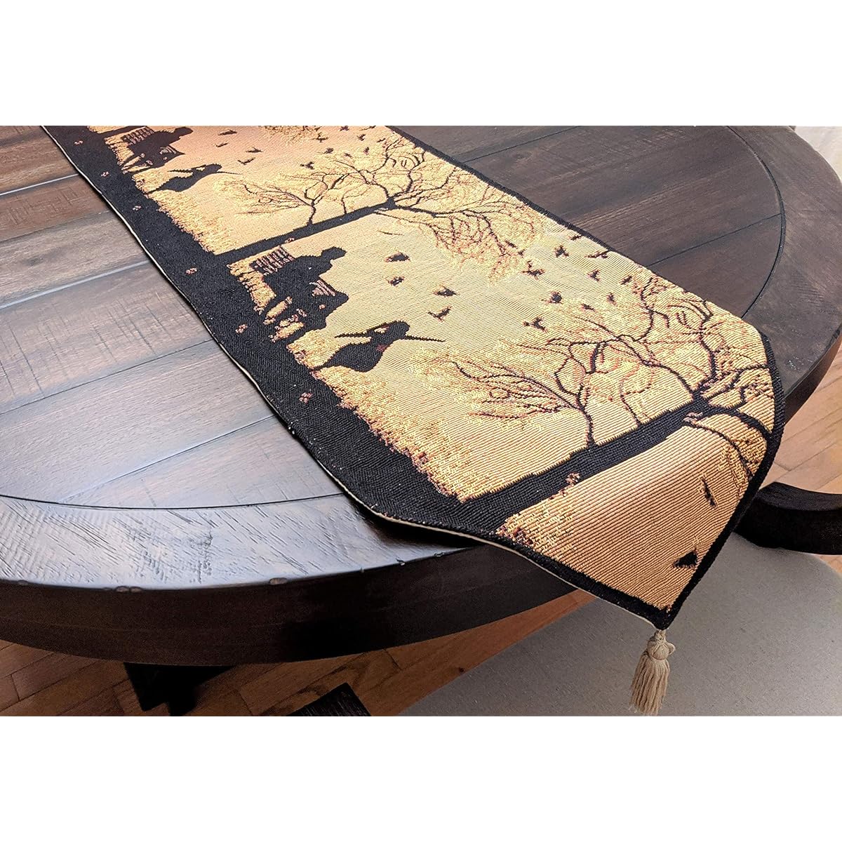 DaDa Bedding Fall Style Table Runner - Tapestry Woven Collect Family Blessings for the Daughters - Orange Tan Black Decorative Cotton Linen Woven Dining Table Mat for Fall Decor - 13 x 72 inches