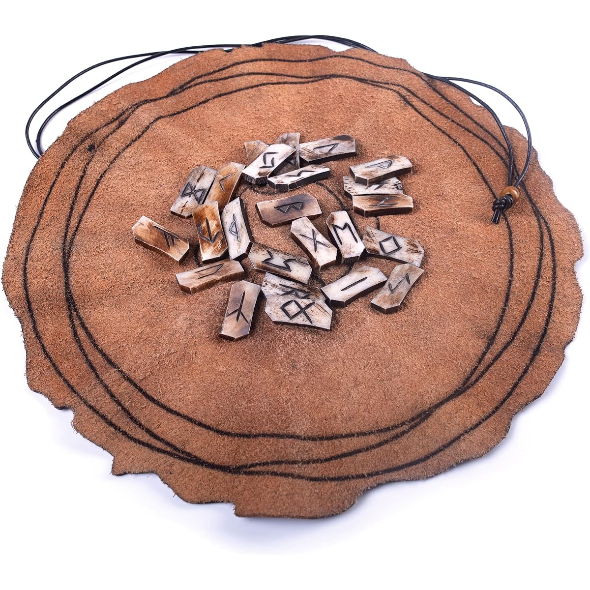Viking Rune Divination Set - Real Bones, Elder Futhark Runestone Pieces, Premium Leather Divination Mat