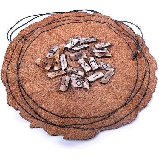 Viking Rune Divination Set - Real Bones, Elder Futhark Runestone Pieces, Premium Leather Divination Mat