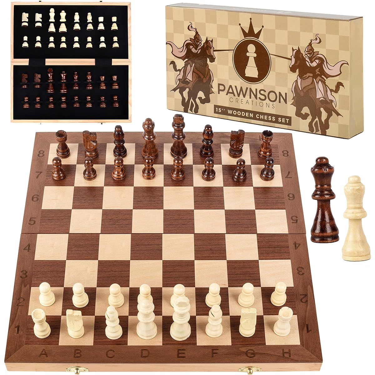 Wooden Chess Set for Kids and Adults - 15 Staunton Chess Set - Large Folding Chess Board Game Sets - Storage for Pieces Wood Pawns - Unique E-BOOK for Beginner - 2 Extra Queens
