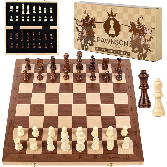 Wooden Chess Set for Kids and Adults - 15 Staunton Chess Set - Large Folding Chess Board Game Sets - Storage for Pieces Wood Pawns - Unique E-BOOK for Beginner - 2 Extra Queens