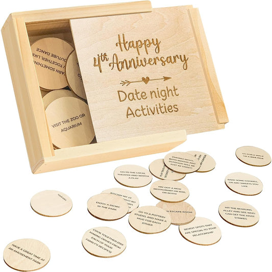STOFINITY 4th Anniversary Wooden Gifts, Wooden Date Night Dice for Her, Gifts for Him, Happy 4th Anniversary Wooden Box, Couples Gifts
