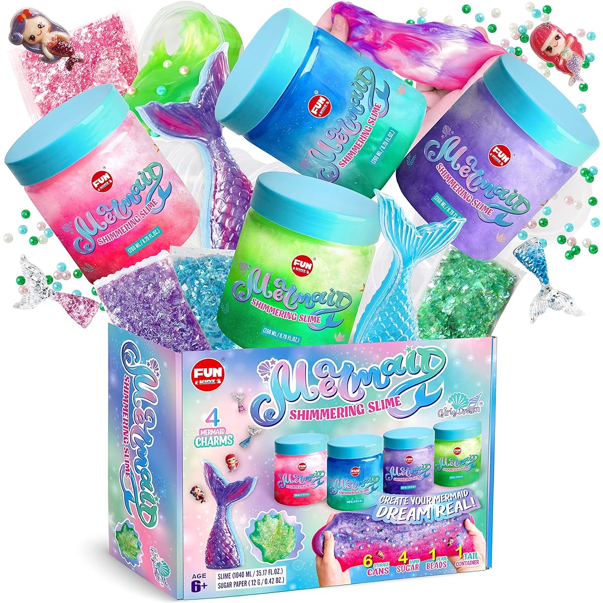 FunKidz 35.16 fl oz Mermaid Slime Pack for Girls Ages 6-8 Big Premade Shimmer Sparkle Glitter Kids Slime Toy Birthday Party Gift