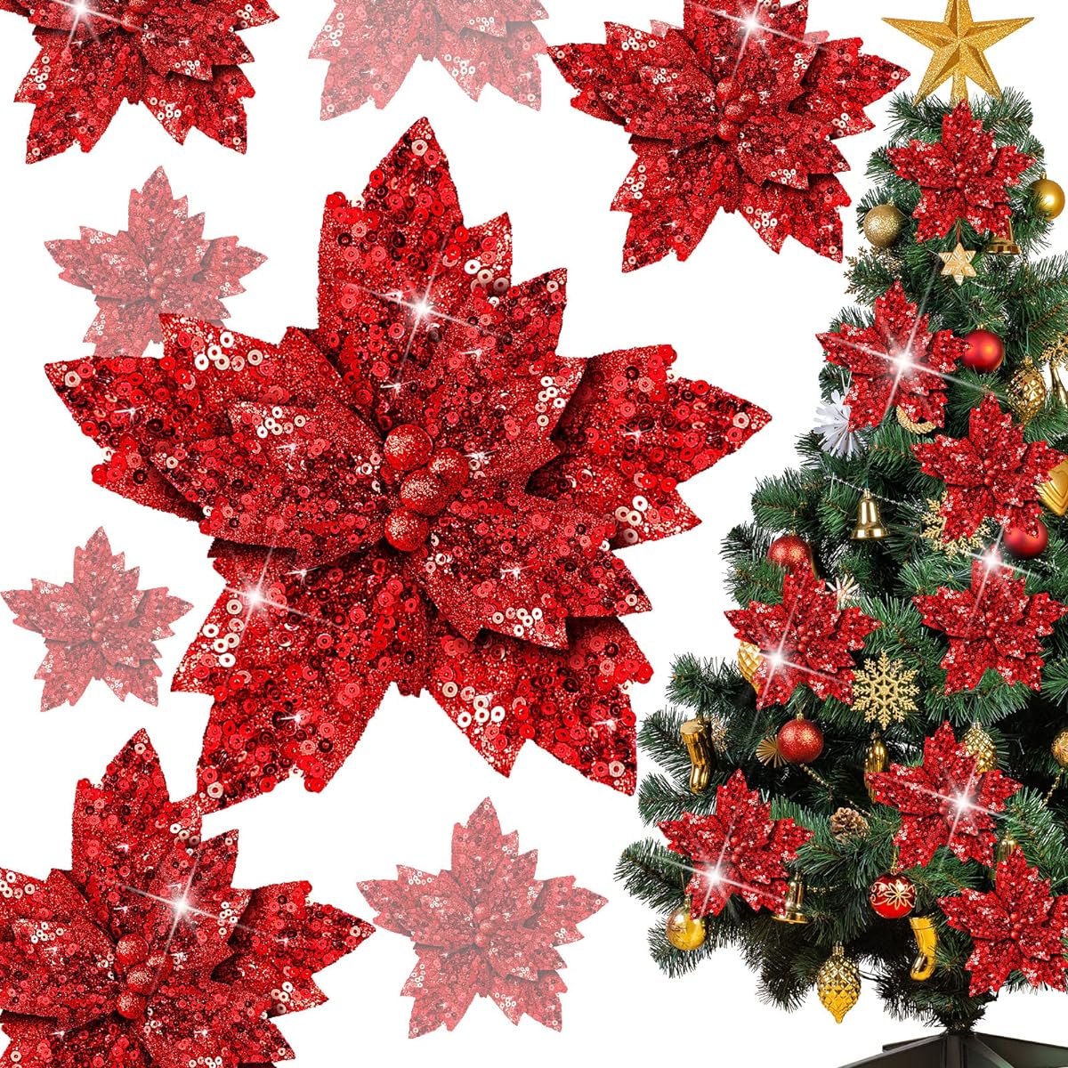 Sparkly Poinsettia Christmas Tree Ornaments, Red Artificial Christmas Flowers with Stems, Christmas Poinsettia Flower Decorations for Holiday Wedding Party Wreath Garland 25cm