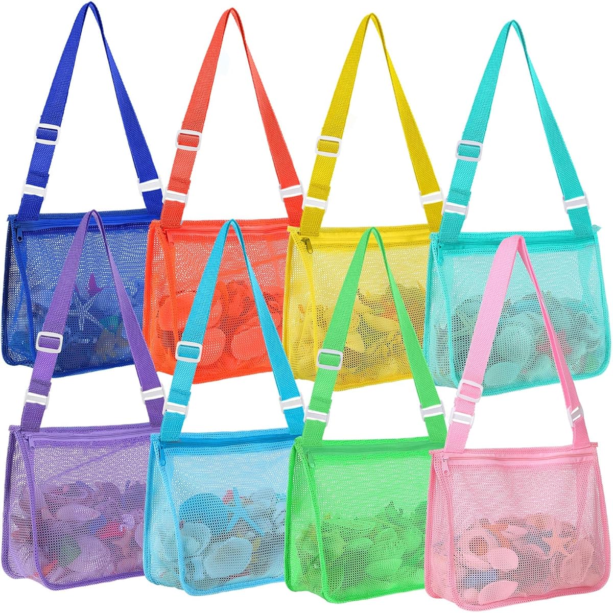Reginary 8 Pieces Toy Beach Mesh Bags Children's Shell Collection Beach Shell Bag Seashell Pickup Net Bag Bucket with Zipper Adjustable Strap Boys Girls Toddler Travel Swimming