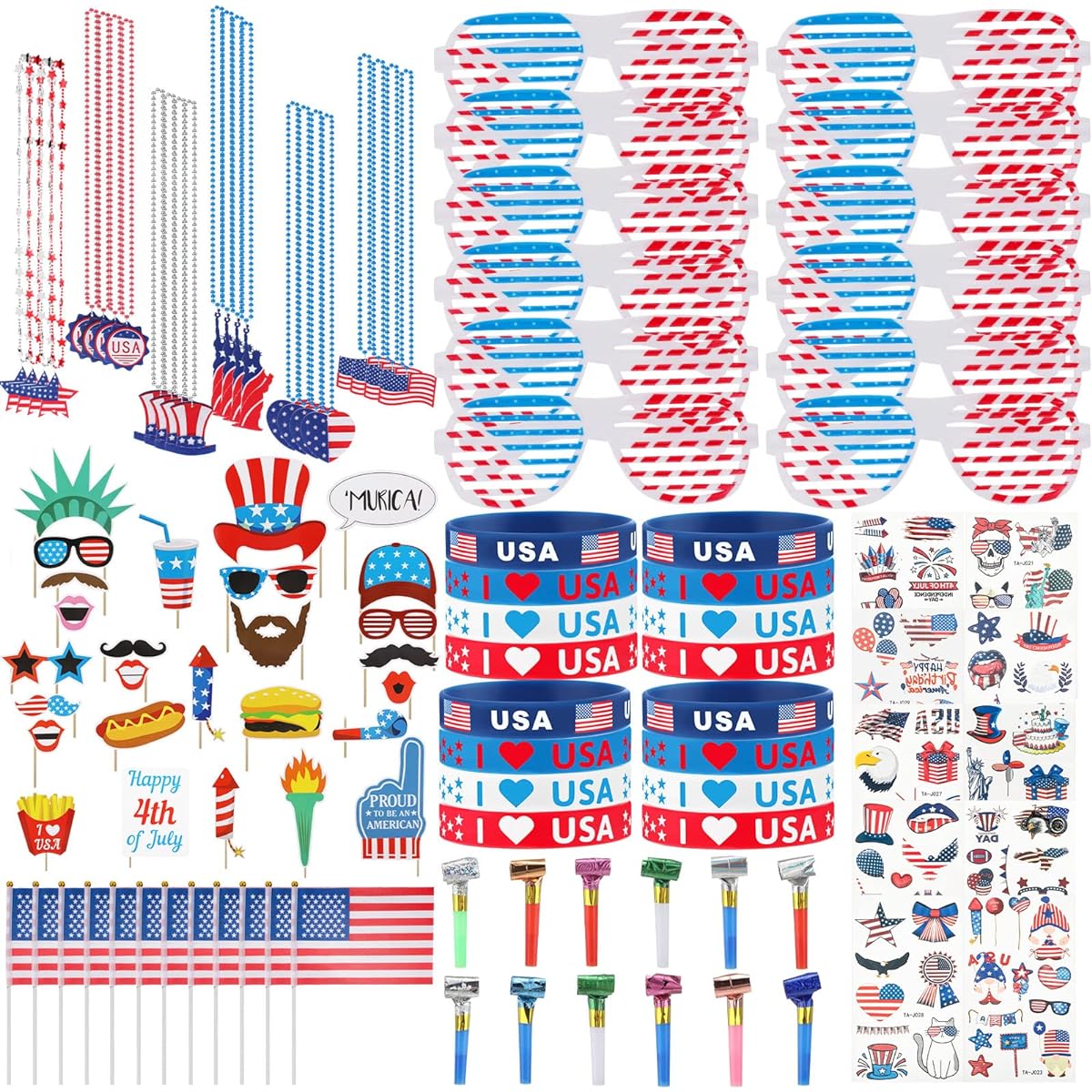 Batiyeer 178pcs Patriotic Party Favors Set for 4th of July Accessories Decorations Glasses Beaded Necklaces American Flag Tattoos Bracelets Photo Booth Props Noise Makers Independence Day Party Supplies
