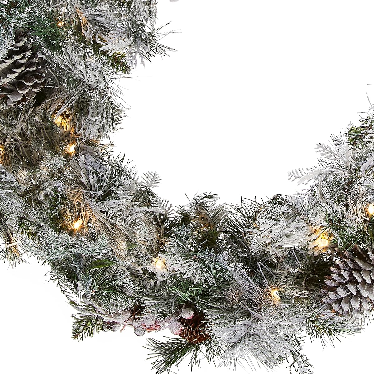 National Tree 9 ft. Snow Bedford Pine Garland with Mixed Cedar Leaves, Berries and Cones, 70 Pieces, Battery Operated, Warm White LED Lights, Timer (SBE1-308-9B-B1)