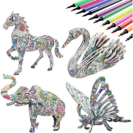 3D Coloring Puzzle Set, 4 Animal Puzzles, 12 Pen Markers, Art Color Paint 3D Puzzle, Ages 7 8 9 10 11 12. Fun Creative DIY Toy Gift for Girls and Boys. Multicolor AD-45465