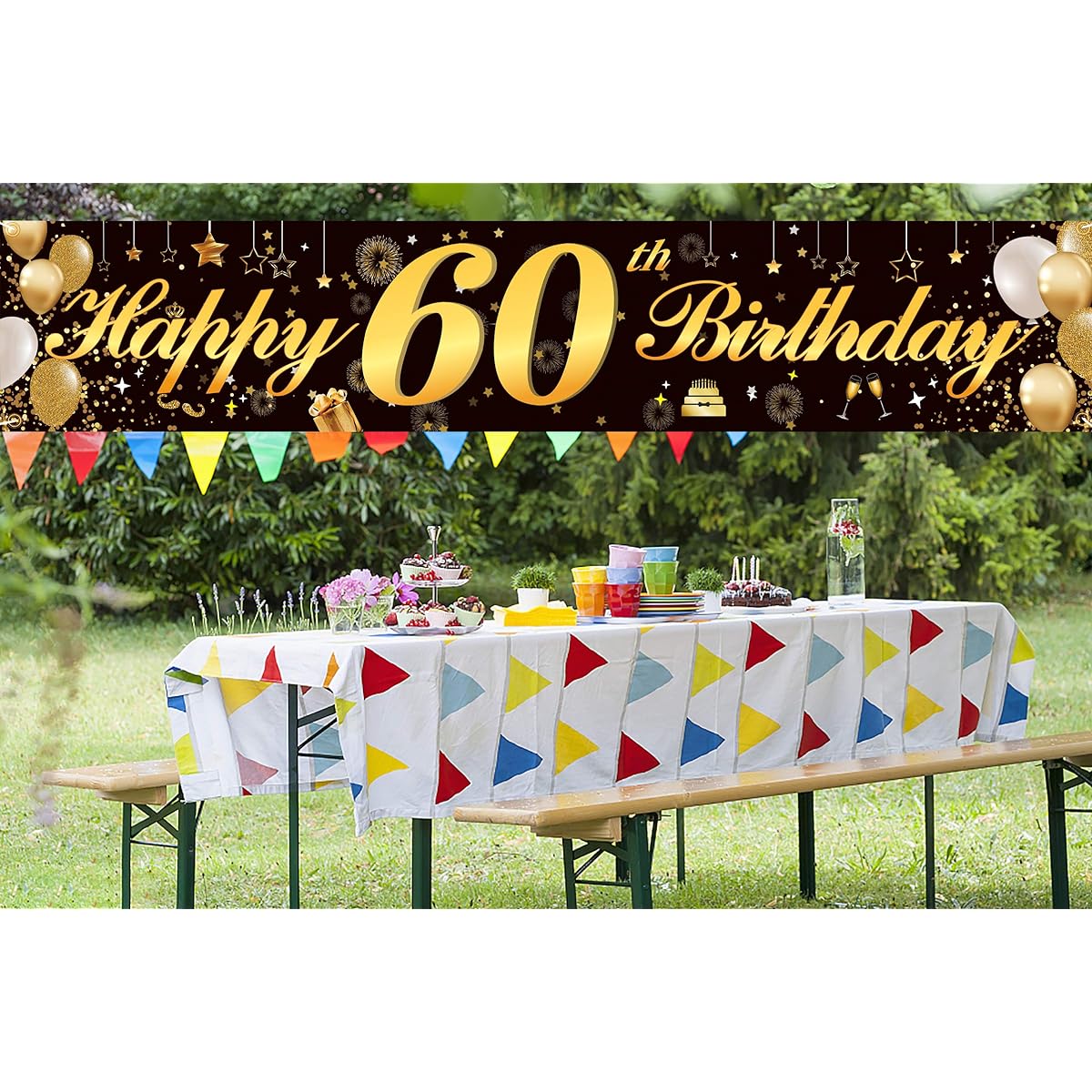 Happy 60th Birthday Banner, Birthday Party Sign, Backdrop Banner for Unisex, Cheer on 60, Durable Black & Gold Glitter Birthday Sign, Yard Sign, 60th Birthday Party Decorations Supplies (60 Black)
