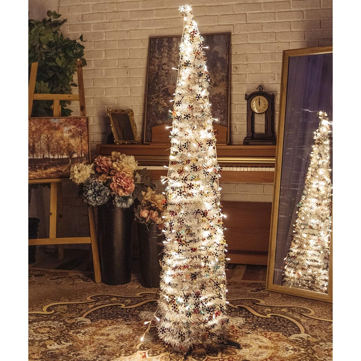 NIGHT-GRING Pop Up Artificial Christmas Tree with 100 LED Lights Foldable Pencil for Christmas Tree Holiday Carnival Party Christmas Decorations (White)