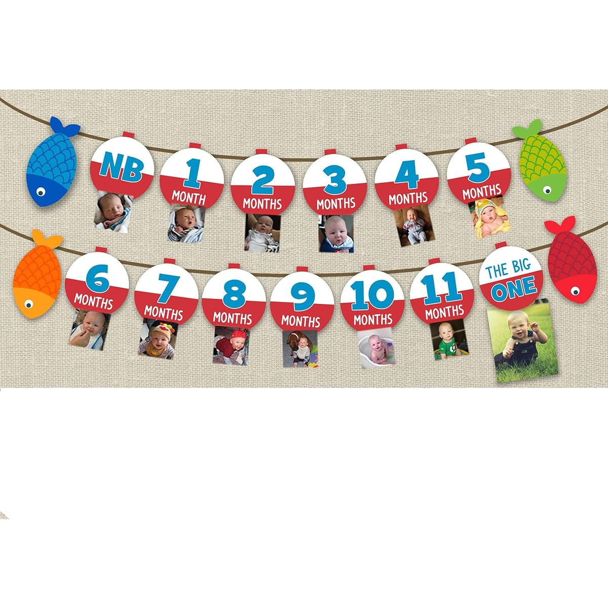 Fishing Milestone Banners for Kids, 1 Year Anniversary Recording Photo Banners, Set of 2