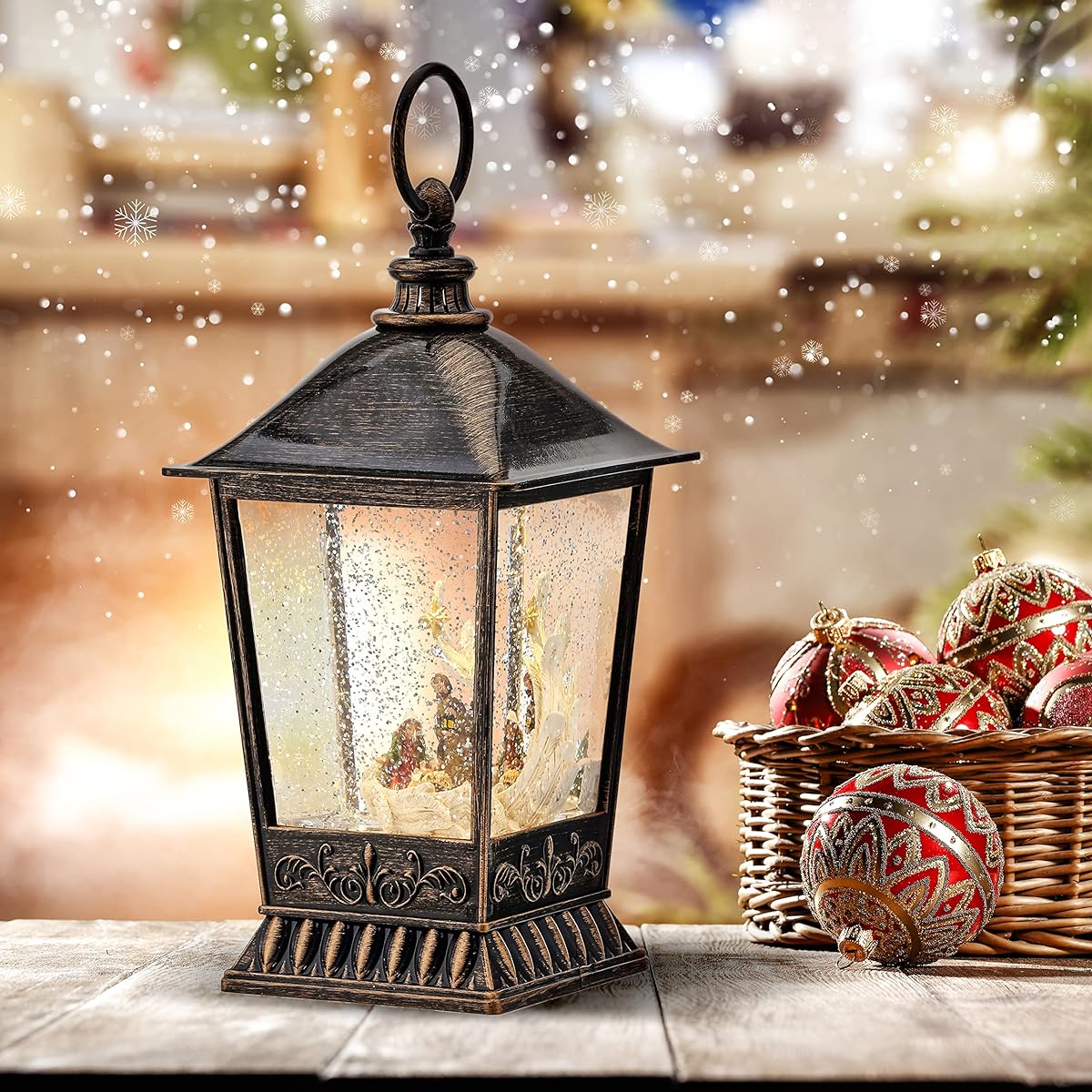 Regency International Nativity Lantern Water Globe 10 Inch Multicolor USB or Battery Operated with Timer LED Lights