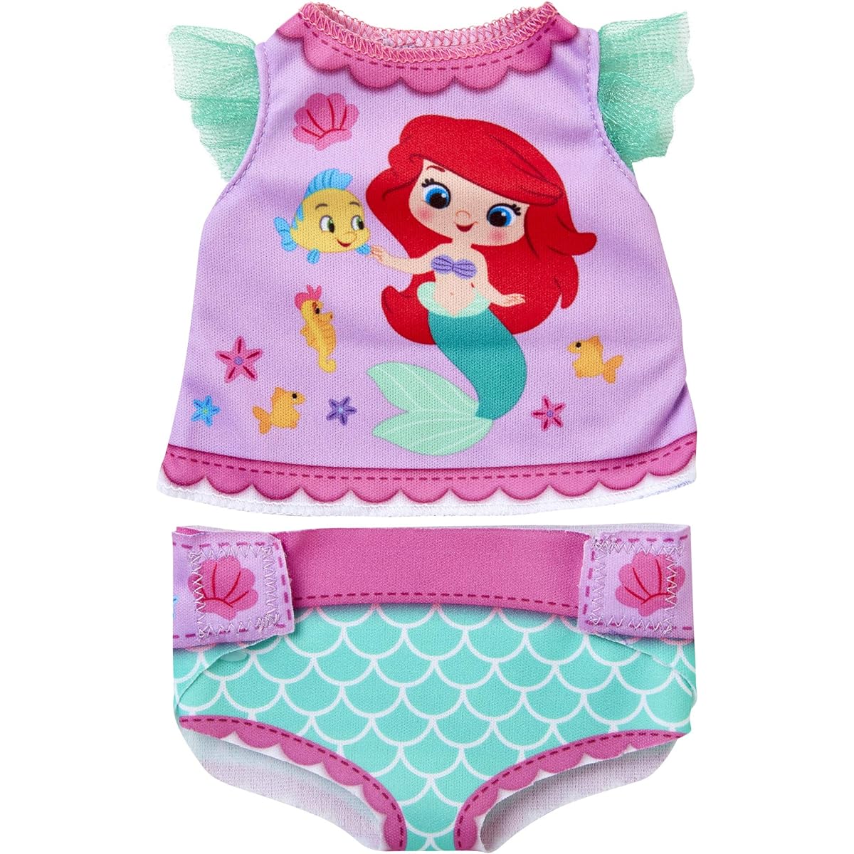 My Disney Nursery Baby Doll Clothes & Accessories Ariel Diaper Accessory Pack A set inspired by Disney's Little Mermaid! Includes doll T-shirt, doll diaper cover, clip and charm