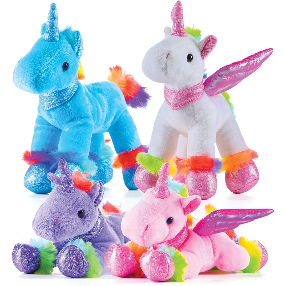 Prextex Unicorn Plush Toy 4 Piece Cute Unicorn Stuffed Animal - Rainbow Unicorn with Animal Wings