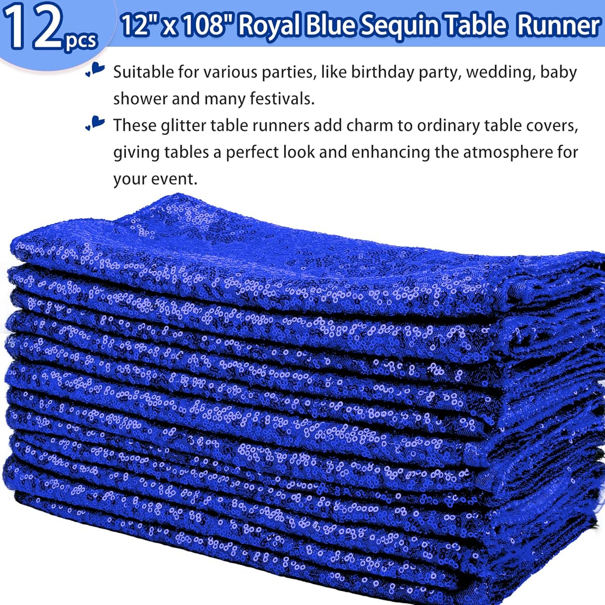 Sequin Table Runner 12 x 108 Inch Glitter Dining Table Runners for Birthday/Wedding/Engagement/Bridal/Baby Shower/Bachelorette/Holiday/Celebration/Party Supplies Decorations 12 Pack Royal Blue