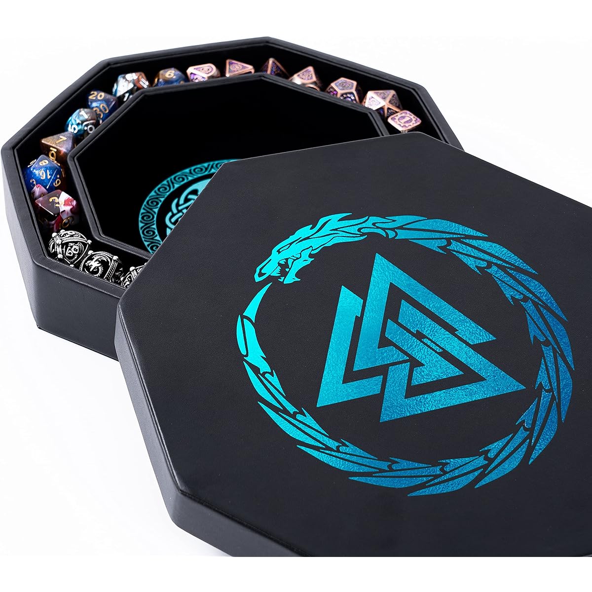 DND Dice Tray - Premium 8" Dice Tray Dungeons & Dragons - Beautiful Cerulean Blue Valk Nut and Dragon Design - Perfect RPG Dice Rolling Tray with D&D Dice Box Storage to Protect Your Dice