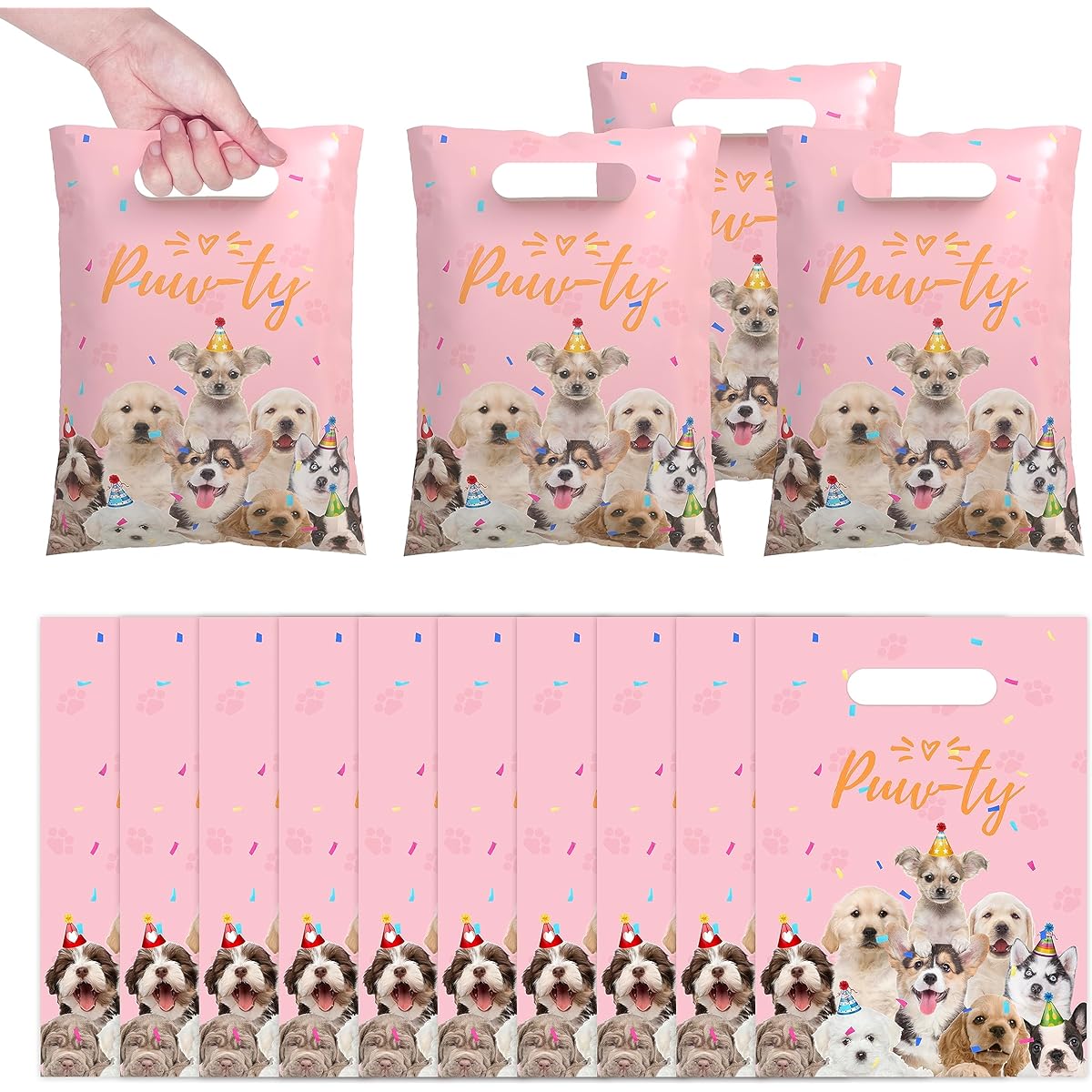 50pcs Dog Party Favor Bags Dog Theme Birthday Party Supplies Pink Waterproof Goodie Bags with Handles Thick Pet Paw Plastic Candy Gift Bags for Kids Birthday Party Decorations and Classroom