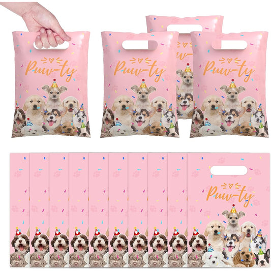 50pcs Dog Party Favor Bags Dog Theme Birthday Party Supplies Pink Waterproof Goodie Bags with Handles Thick Pet Paw Plastic Candy Gift Bags for Kids Birthday Party Decorations and Classroom