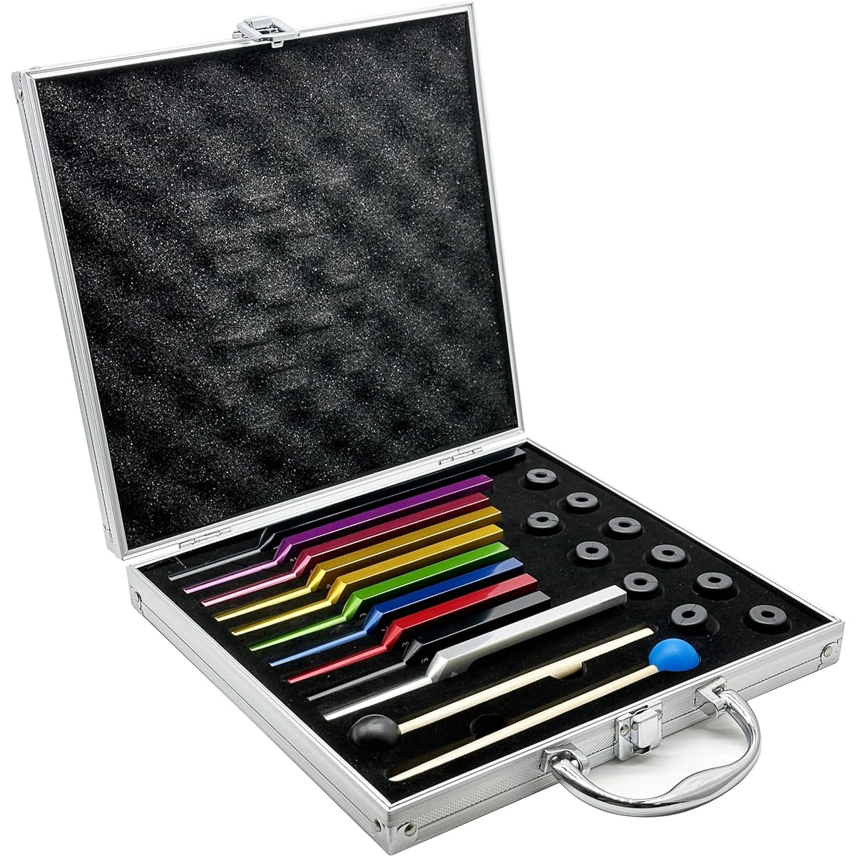 Lrowvenu Solfeggio Tuning Fork Set of 10 Pieces Weightless Color Solfeggio Tuning Fork Aluminum Alloy with 2 Rubber Mallets Cleaning Cloth Exquisite Aluminum Box
