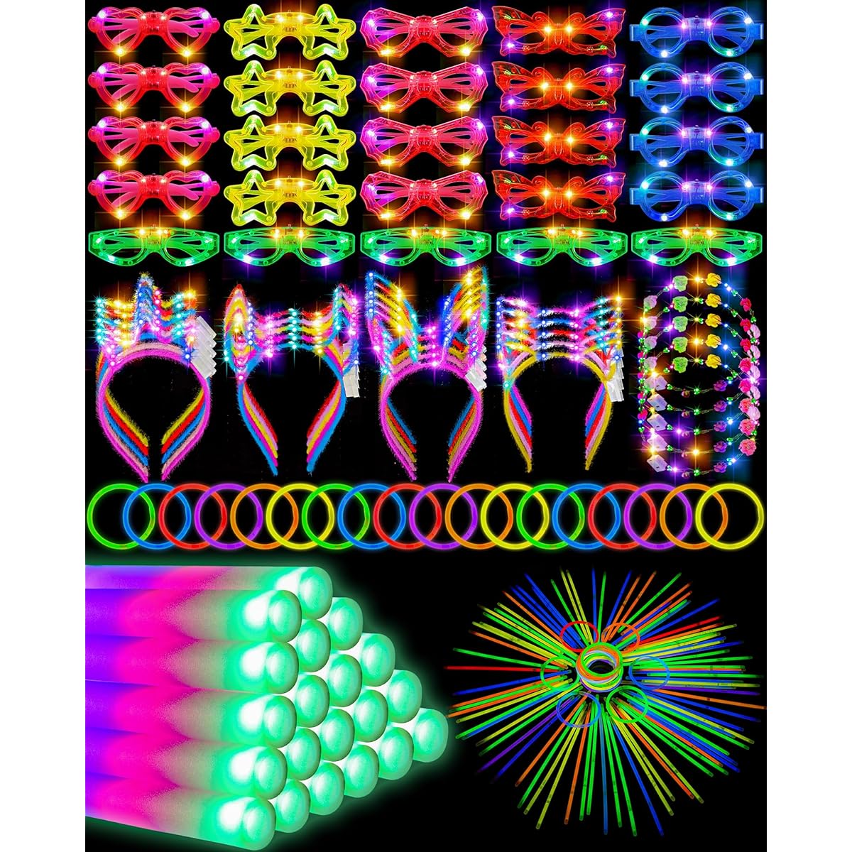 Ceenna Glow in the Dark Party Supplies Set, LED Glasses, LED Foam Sticks with Light Up Headband and Glow Sticks (Cute) 175pcs