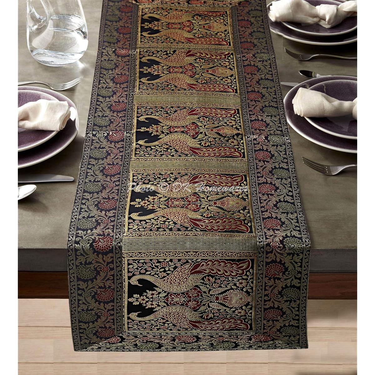 DK Homewares Ethnic Traditional Table Runner Birthday Party Home Decoration Brocade Black Gold 150x40cm Jacquard Peacock 5ft Centerpiece (60x16inch)