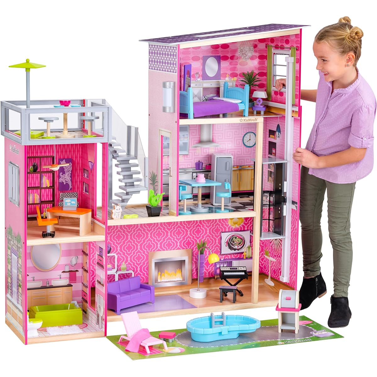 KidKraft Uptown Wooden Modern Dollhouse Lights & Sounds Pool Accessories 36 Pieces