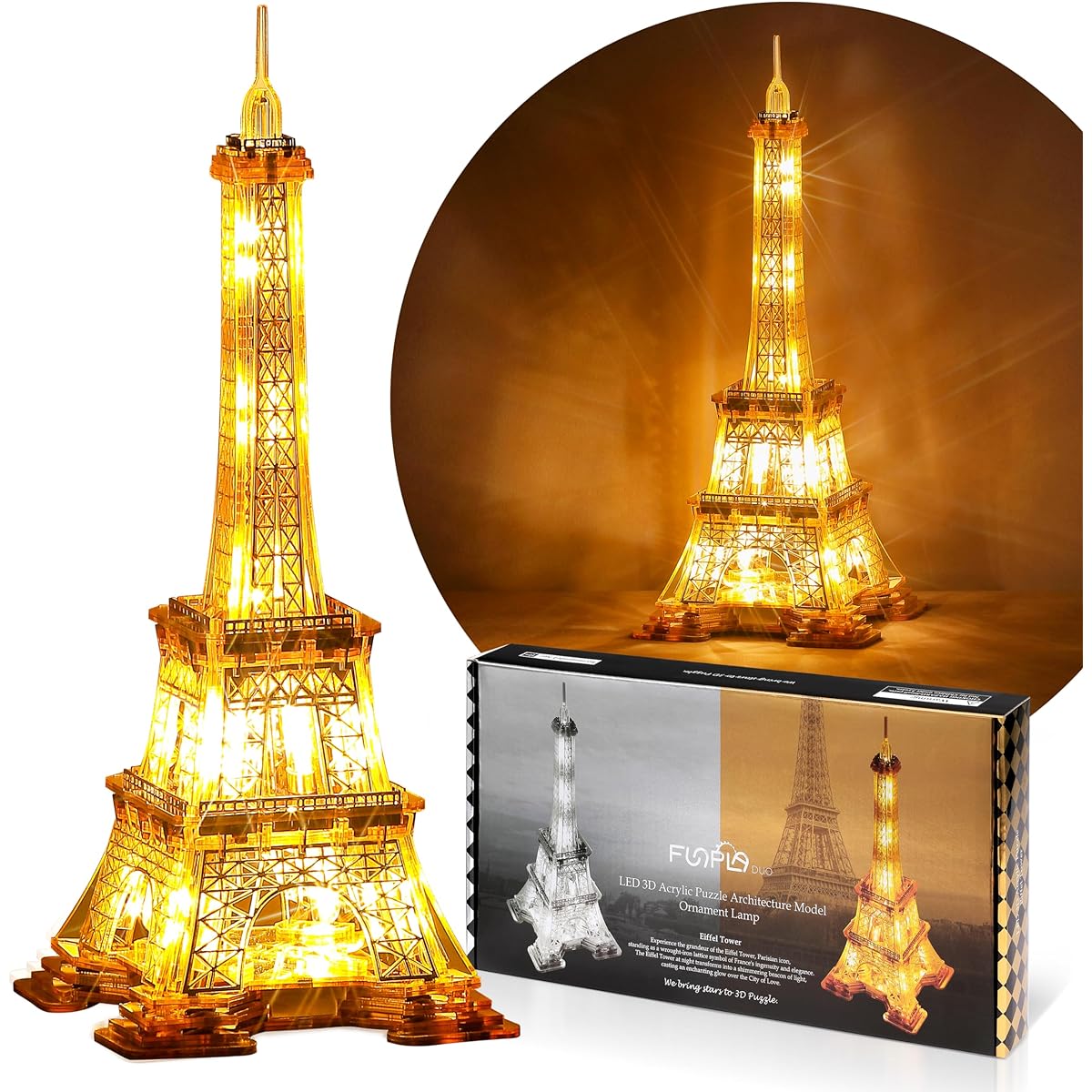 FUNPOLA LED 3D Puzzle Eiffel Tower Building Model - 3D Architecture Building Model - Paris Landmark at Night - 3D Acrylic Puzzle Decorative Lamp DIY Ornament Nightlight