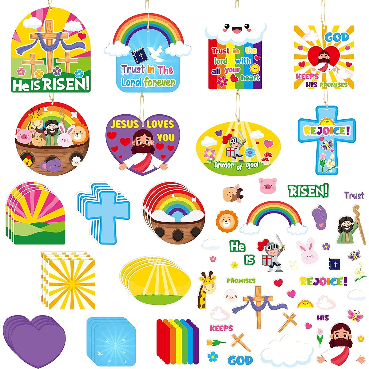 Haooryx 66 Piece Christian Sunday School Craft Kit He is Risen Hanging Ornaments and Stickers Set Armor of God Cross DIY Paper Ornament VBS Religious Sunday School Activities for Kids