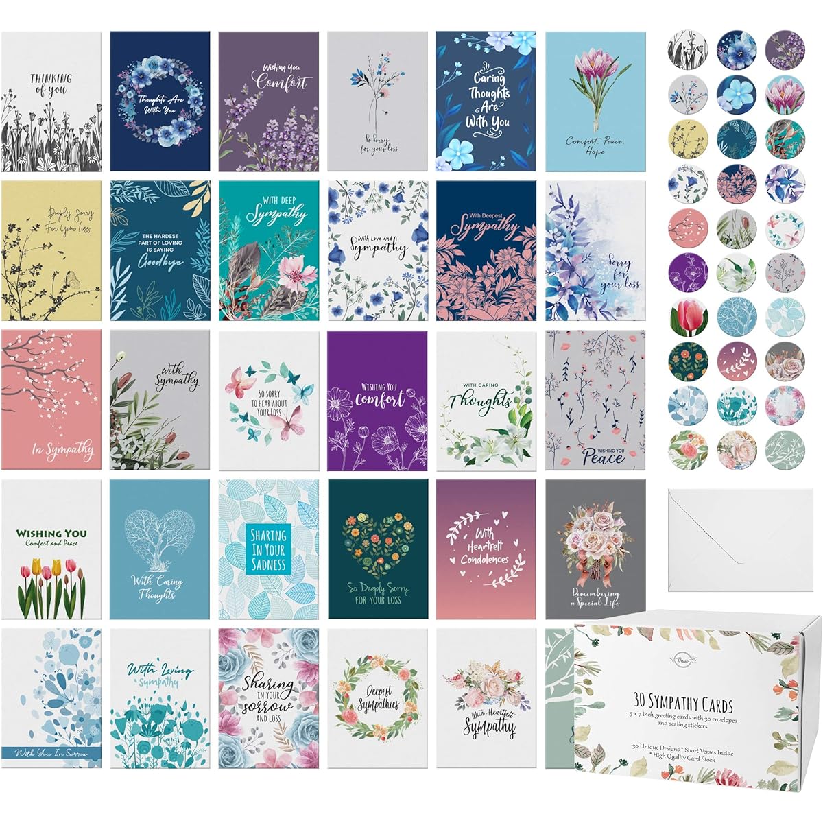 Dessie Unique Sympathy Cards with Inner Greeting, Envelopes, Matching Stickers, Sturdy Storage Box, 30 Large Cards