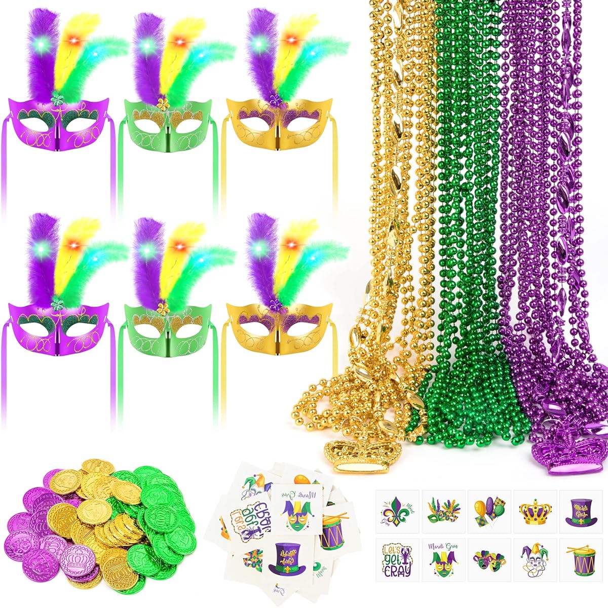 EOBOH Mardi Gras 24 Piece Necklace Set, 60 Coins, 60 Tattoos