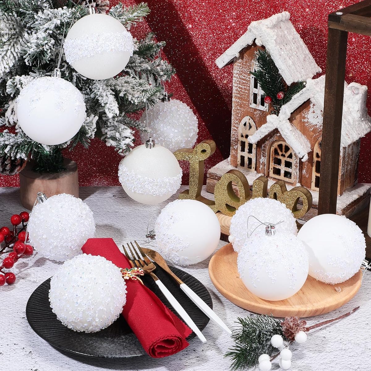 Syhood Glitter Christmas Ball Ornaments 12pcs 3.15'' Rhinestone Sequins Christmas Ball Decoration Hanging Plastic Balls for Christmas Tree Wedding Party Holiday Decorations (White)