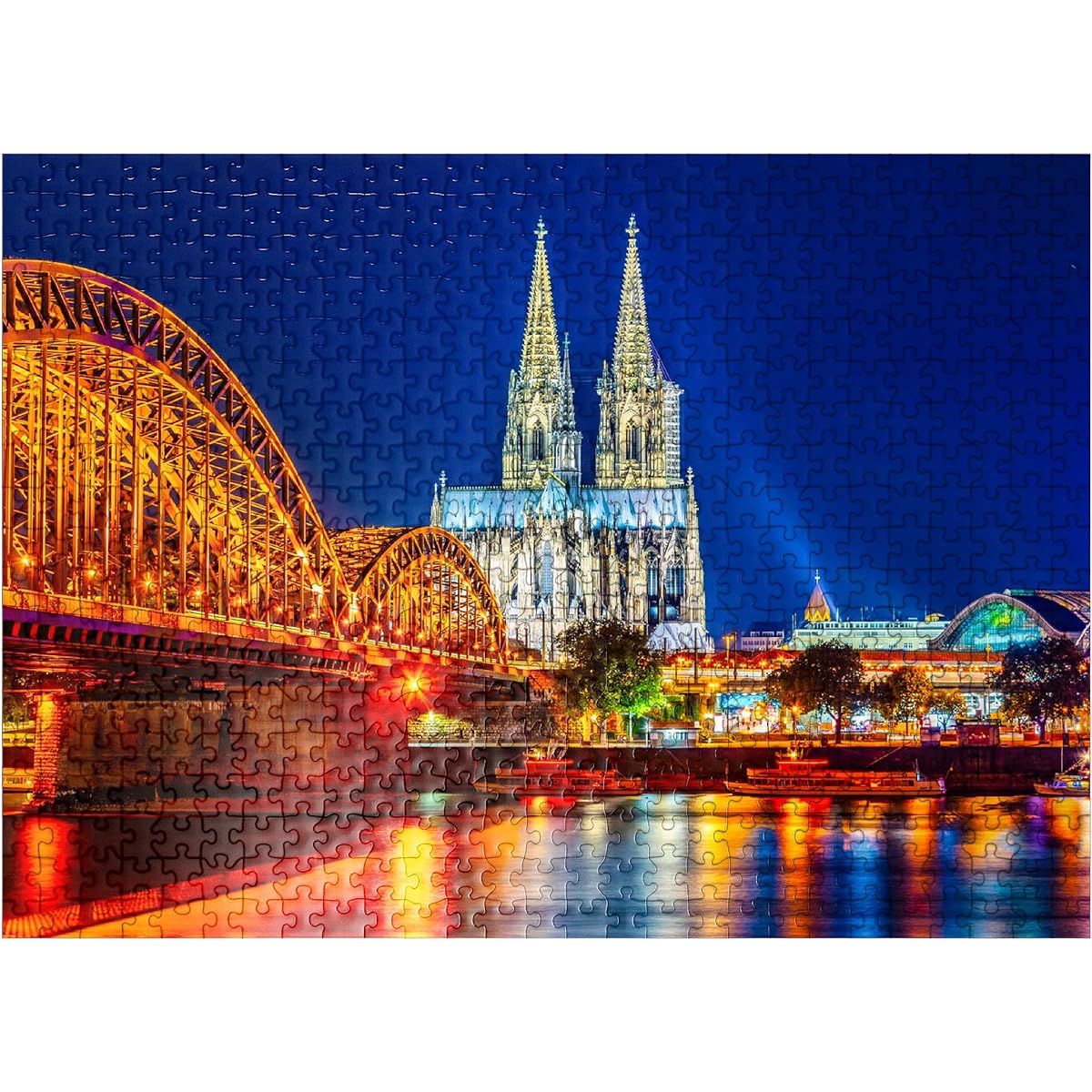 MyPuzzle Cologne Cathedral and Hohenzollern Bridge over the Rhine in Germany at Night - Premium 500 Piece Jigsaw Puzzle for Adults