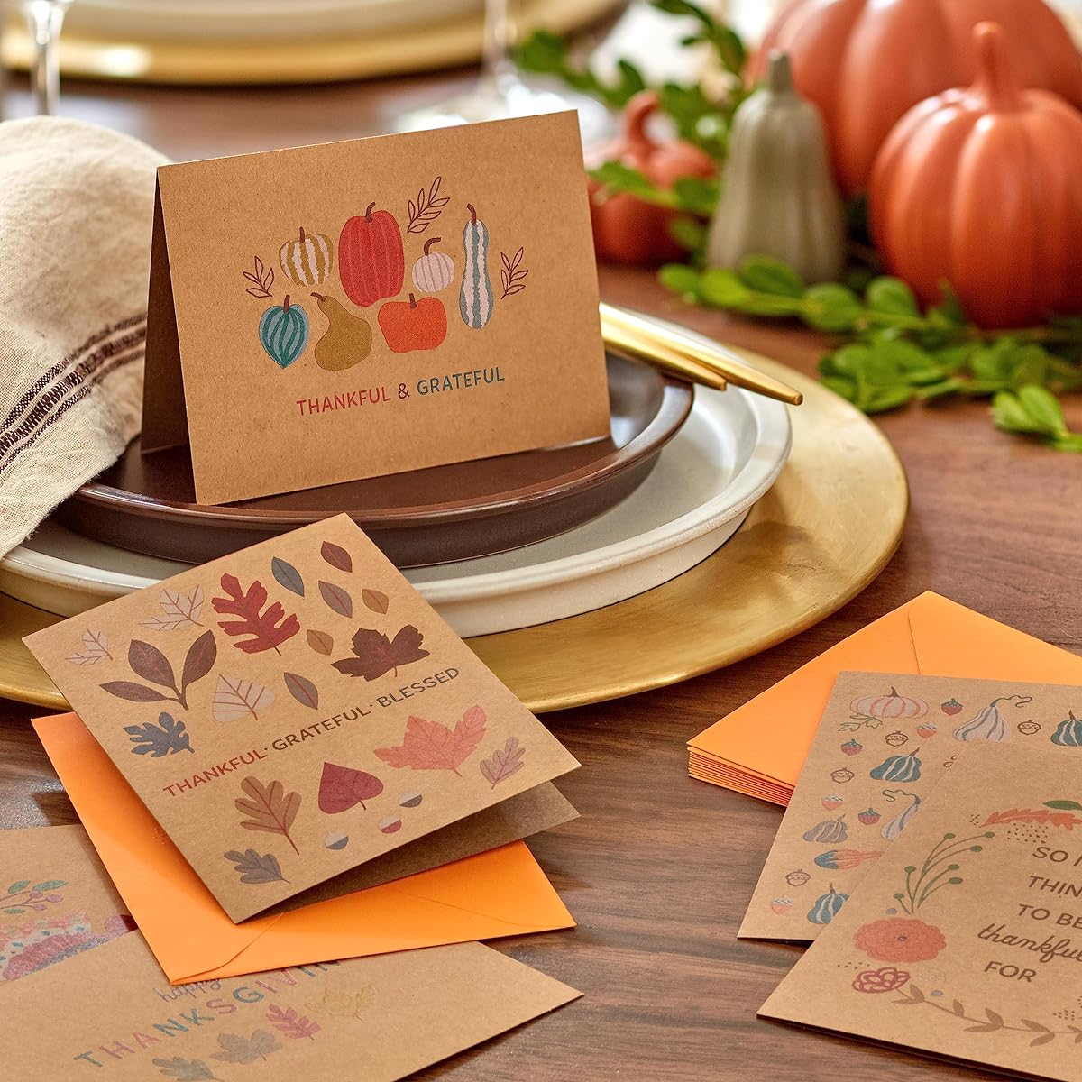 Hallmark Kraft Thanksgiving Card Assortment (24 Cards with Envelopes) Leaves, Pumpkins, and Gourds