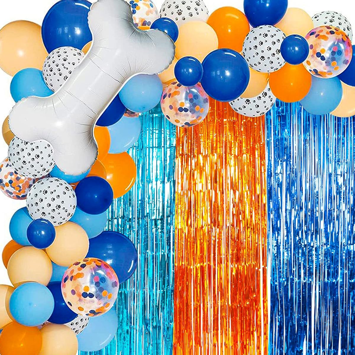 Whaline 124pcs Blue Birthday Party Balloon Garland Arch Kit Blue Orange Dog Paw Bone Foil Balloons Fringe Curtain Party Decoration Boy/Girl/Baby Shower Blue Theme Birthday Party Decorations