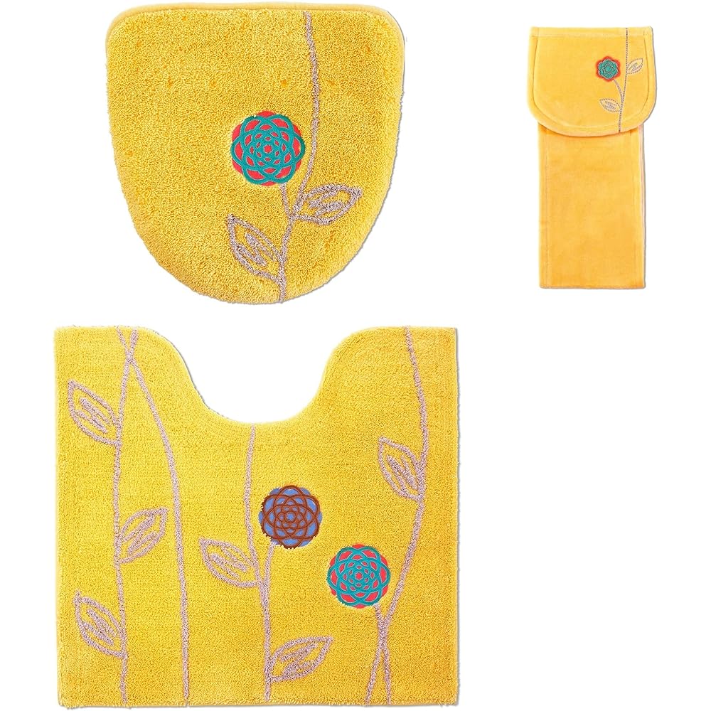 Toilet Mat Set 3 Pieces Pro Bider Etofu Scandinavian Toilet Mat + Washing Heating Type Lid Cover + Paper Holder Cover Yellow Money Luck Yellow