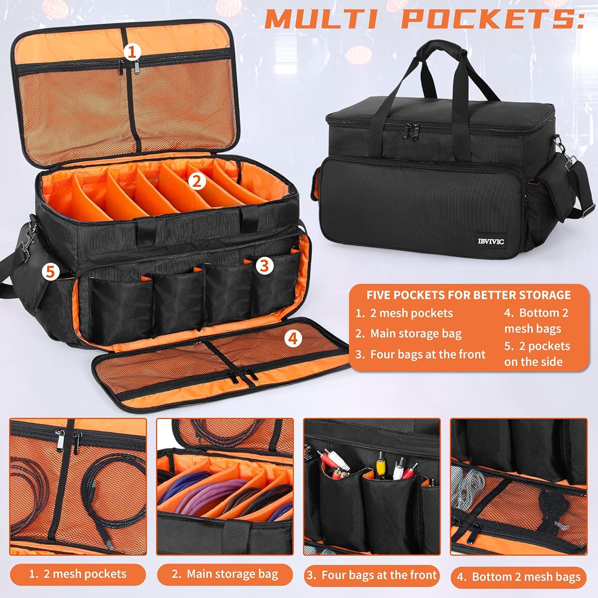 IBVIVIC Gig Band Cable File Bag with Adjustable Dividers DJ Cable Gig Bag for Cables, Cords, DJ Gear and Musician Accessories 20" x 12" x 12"