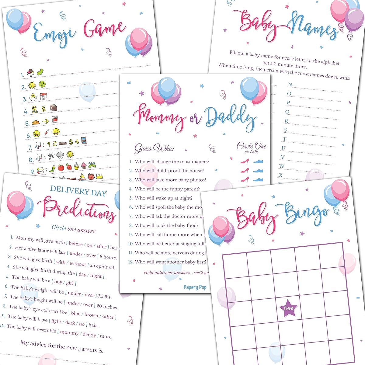 Gender Reveal Party Games - 5 Activities for 50 Guests - Double Sided Game