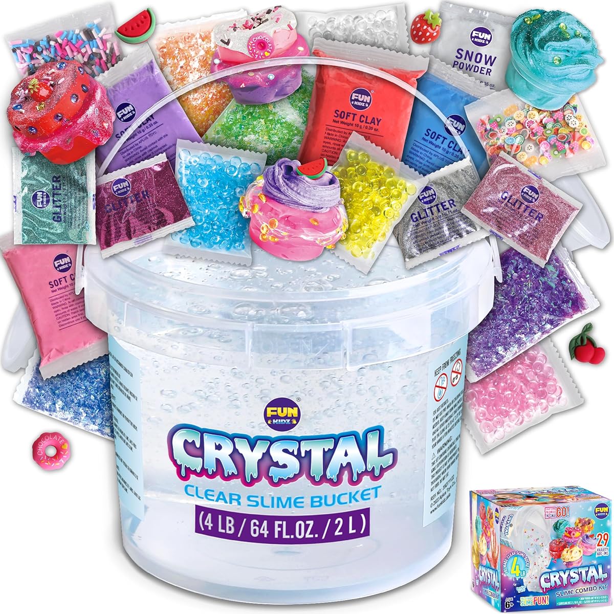 FunKidz 4 lb Giant Glass Clear Slime Bucket Toy for Kids, 64 Fl Oz Premade Big Crystal Slime Pack Gift, 29 Add-In Jumbo Slime Kit for Girls and Boys Party Favor
